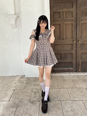 チェックリボン大襟ワンピース