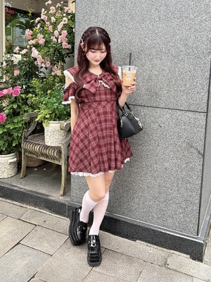 チェックリボン大襟ワンピース
